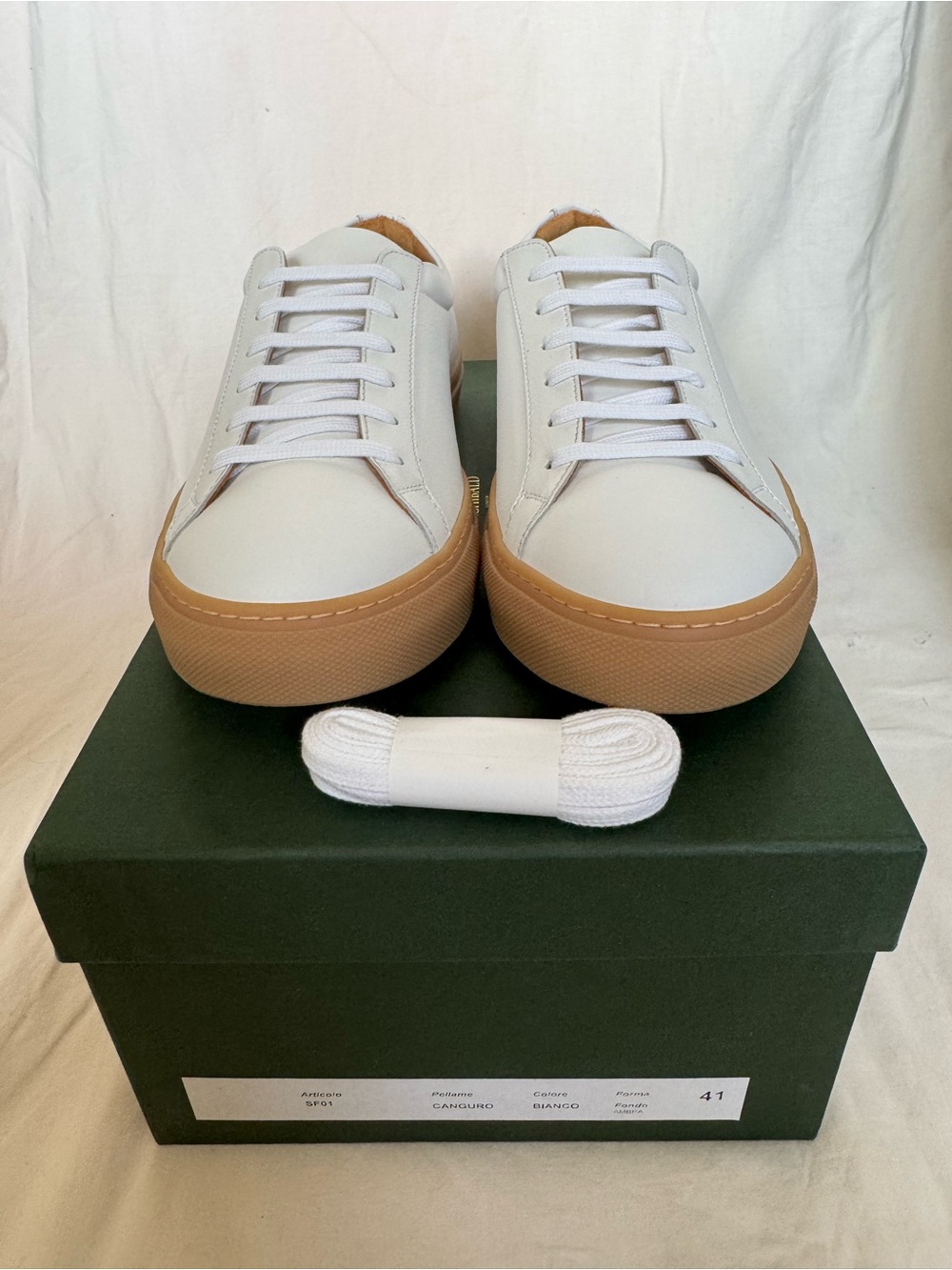 Archibald London SF01 White Kangaroo Leather Gum Sole Luxury Sneakers EU 41